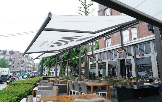 Large commercial awning covering dining area