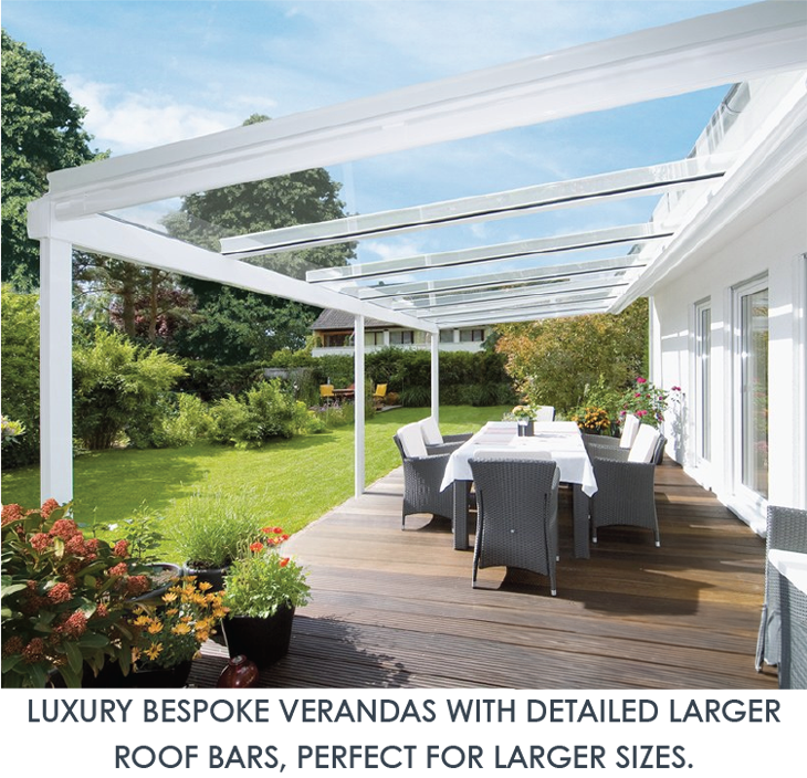 Luxury Bespoke verandas with detailed larger roof bars, perfect for larger sizes