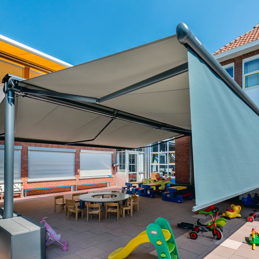 awning with drop blinds for ultimate shade at nurseries and schools