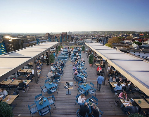 multiple pergolas on roof top restaurant